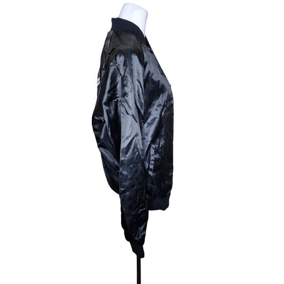 Vintage 80s Satin Snap Bomber Jacket Mens L Black Plane Aviation Flying - Picture 5 of 8